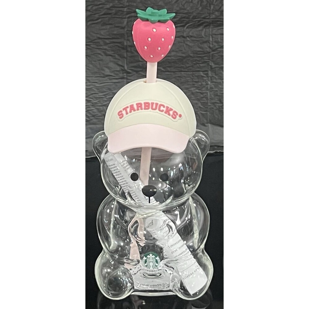 Starbucks Bearista Glass Tumbler 20oz Pink Drink Strawberry Hat Authentic NIB